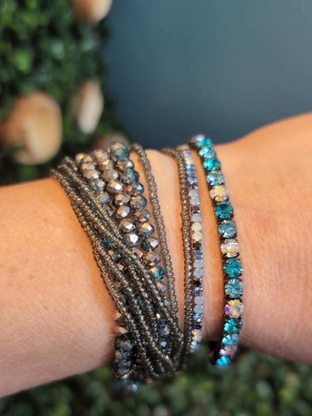 Teal Crystal Stretch Bracelet Trio with Silver Accents